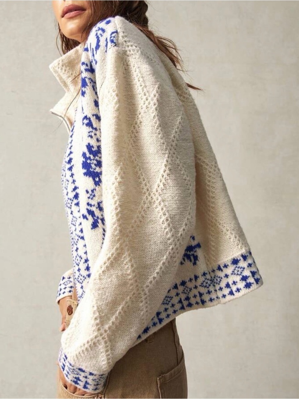 Cream Zip-Up Knit Cardigan with Blue Pattern - Picture 4 of 10